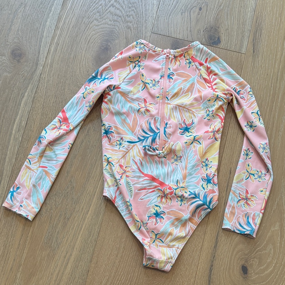 Roxy Pink Tropical Floral Long-Sleeve Kids Swim One-Piece